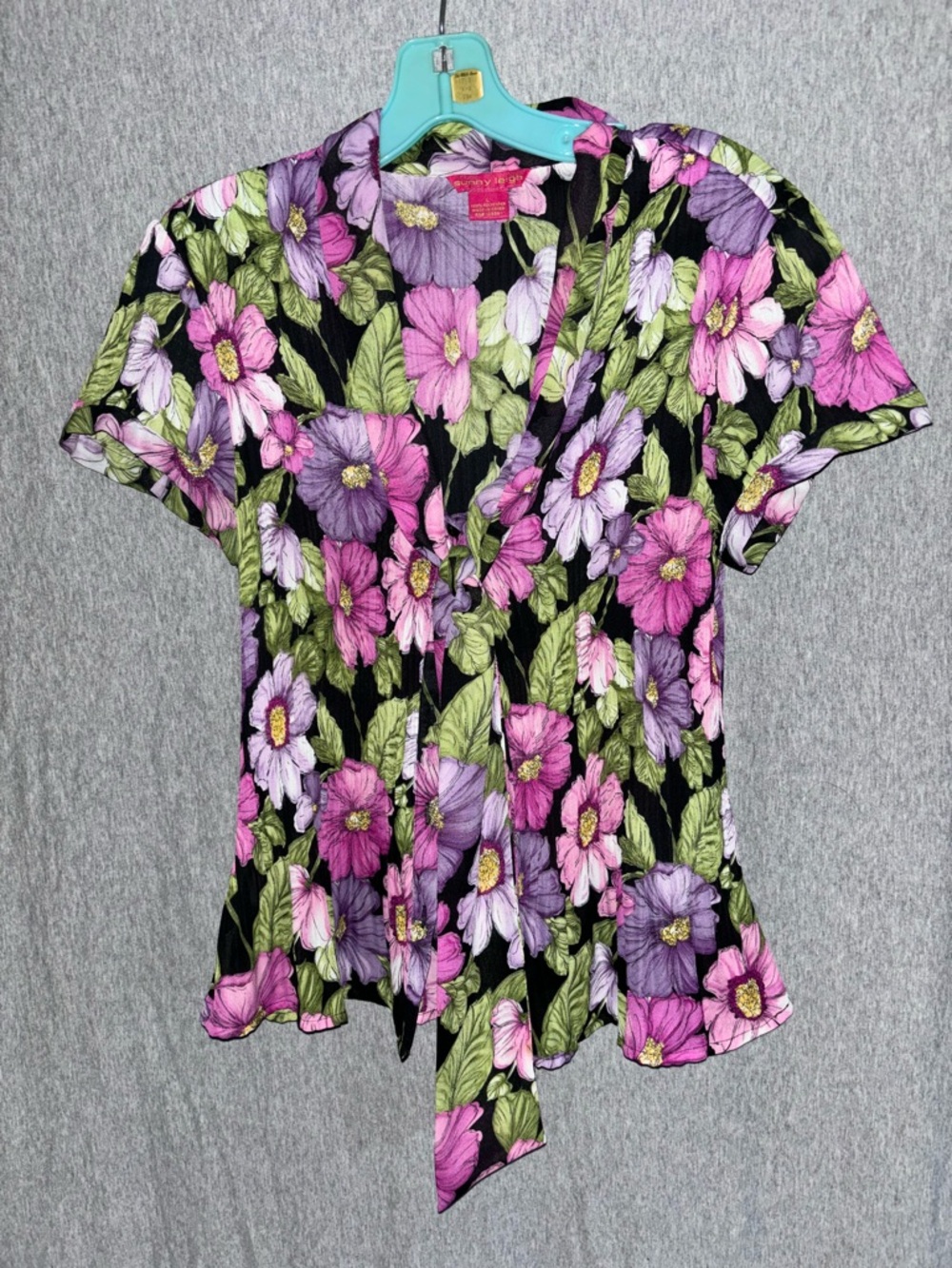 Sunny Leigh Black Floral Tie-Front Short Sleeve Top